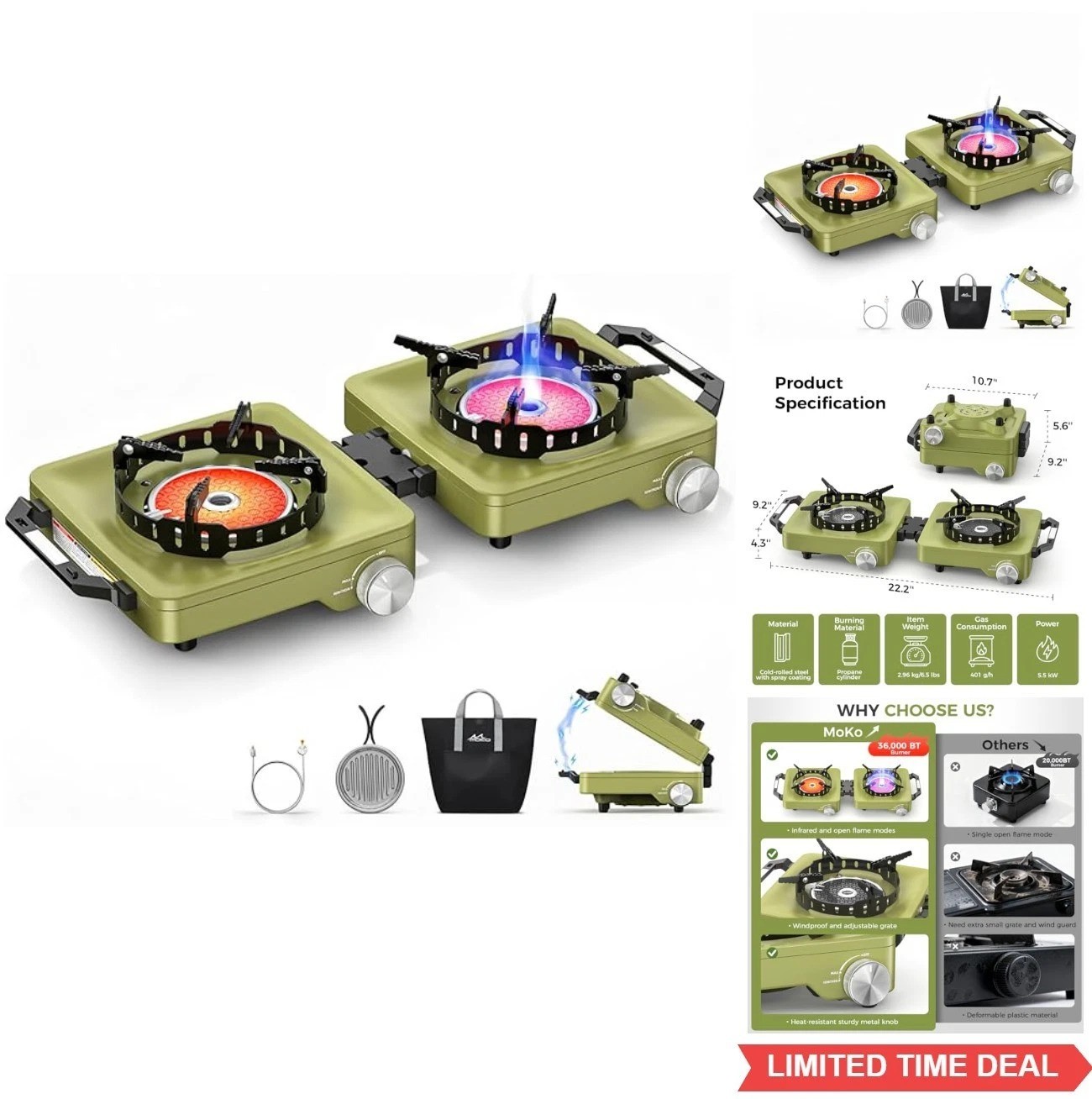 Camping Stove 2 Burner 36000 BTU Propane Portable Folding Gas Cooker Outdoor