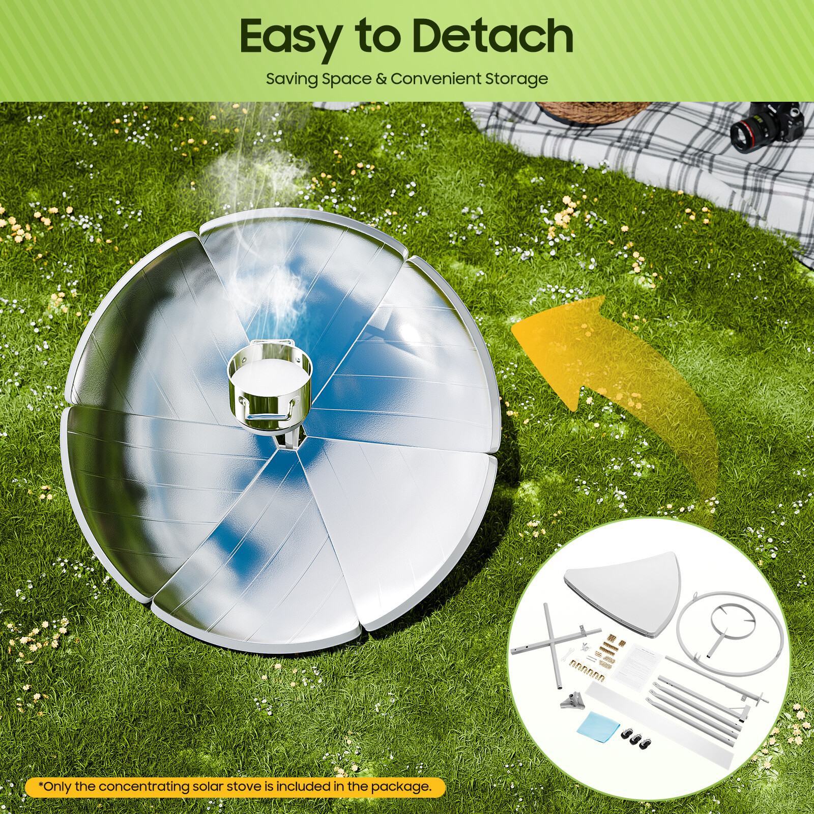 Parabolic Solar Cooker High Efficiency Sun Oven 700-1000°C Outdoor Camping 1800W