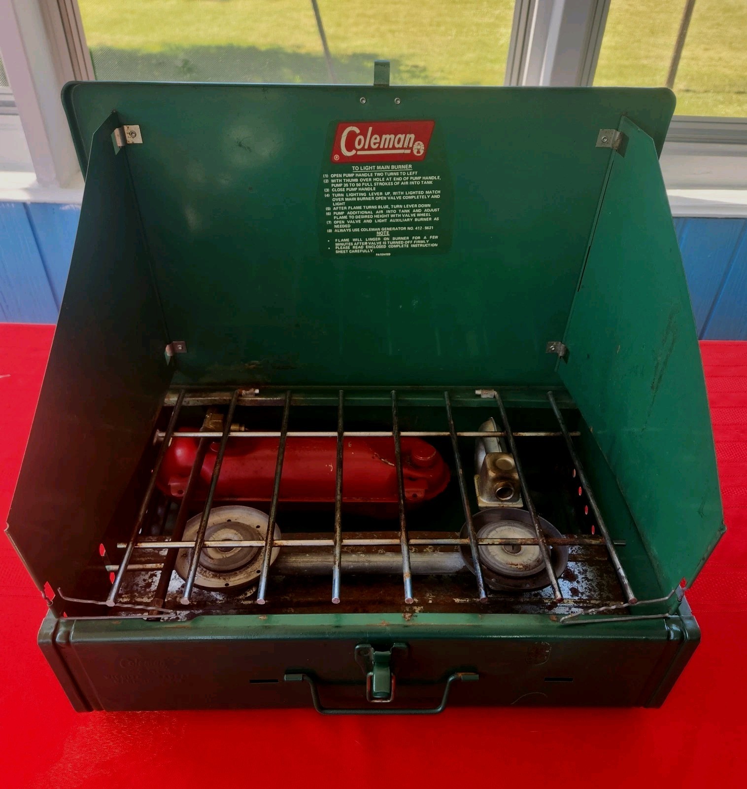 1950 – 1970s Coleman 425E Two Burner Camp Stove with Fuel Tank & Used Untested