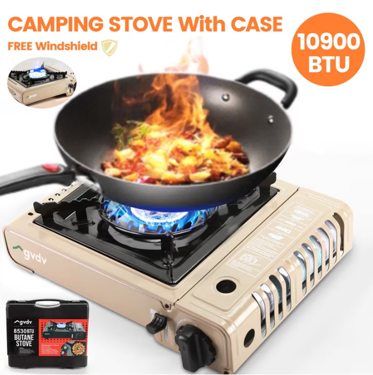 GVDV Portable Camping Stove, 1 Burner Butane Gas Stove w/ Updated Carrying Case