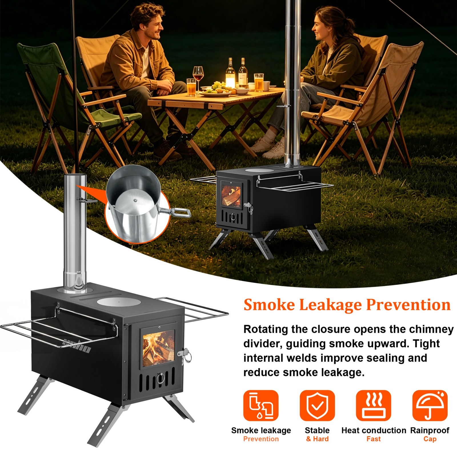 Portable Wood Burning Stove with 6 Chimney Pipes Heavy Duty Hot Tent Heater USA