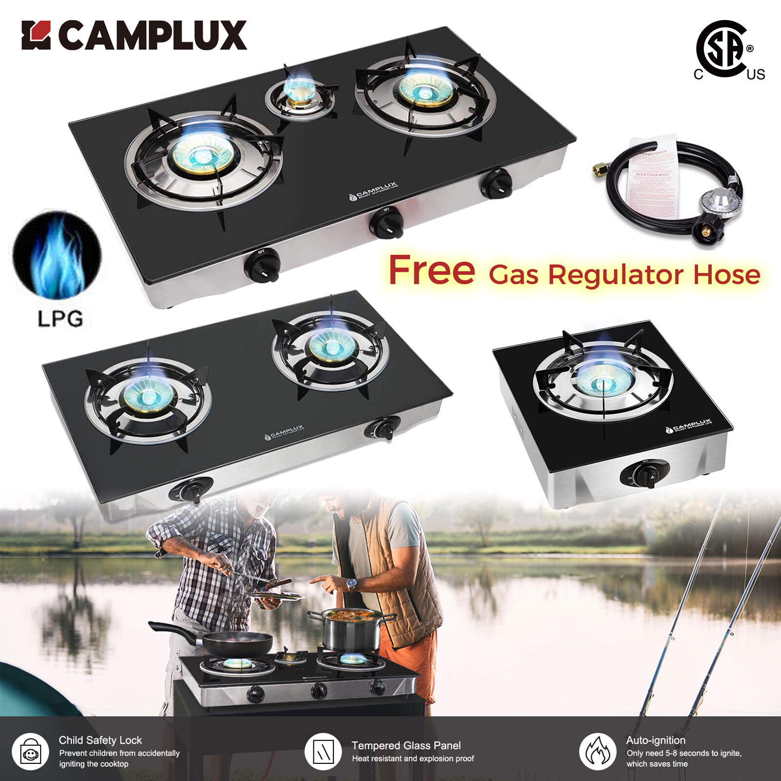 Camplux Portable Gas Cooktop Stand with AUTO Ignition LPG Propane Camping Stove