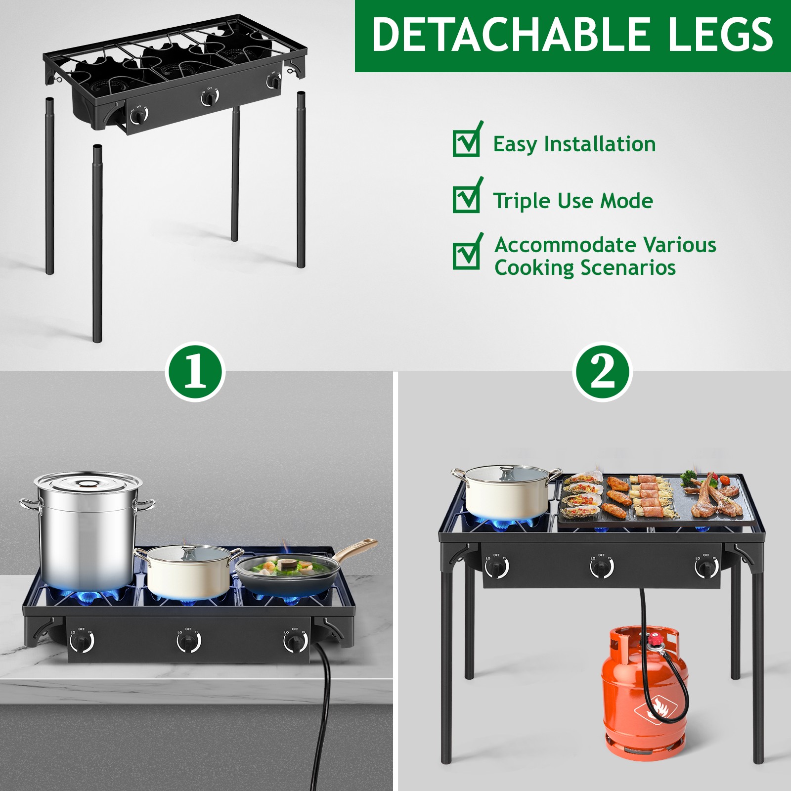 225,000 BTU Propane Stove 3 Burner Gas Outdoor Portable Camping BBQ Grill Picnic