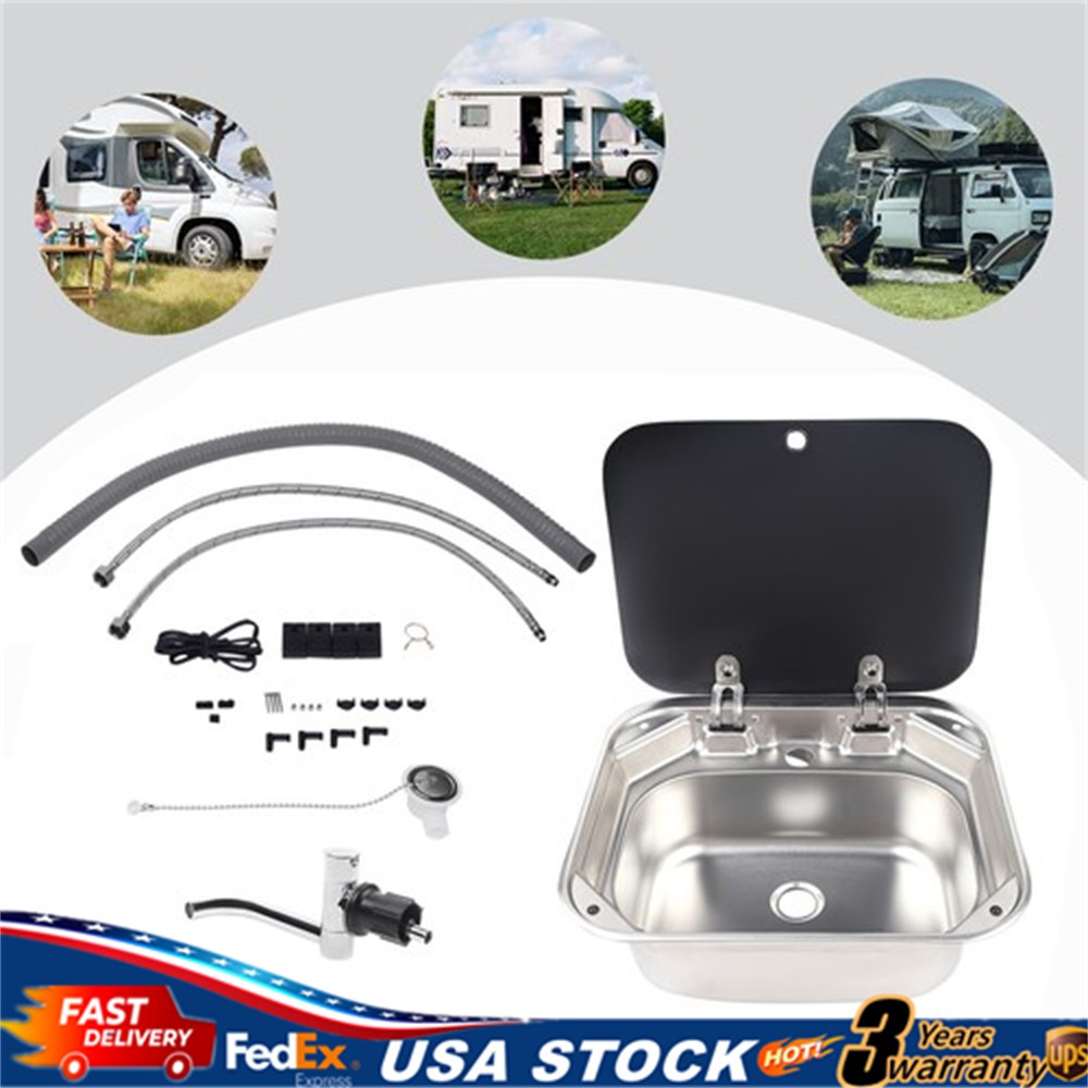 RV Caravan Camper Sink Stainless Steel Hand Wash Basin & Glass Lid & Faucet
