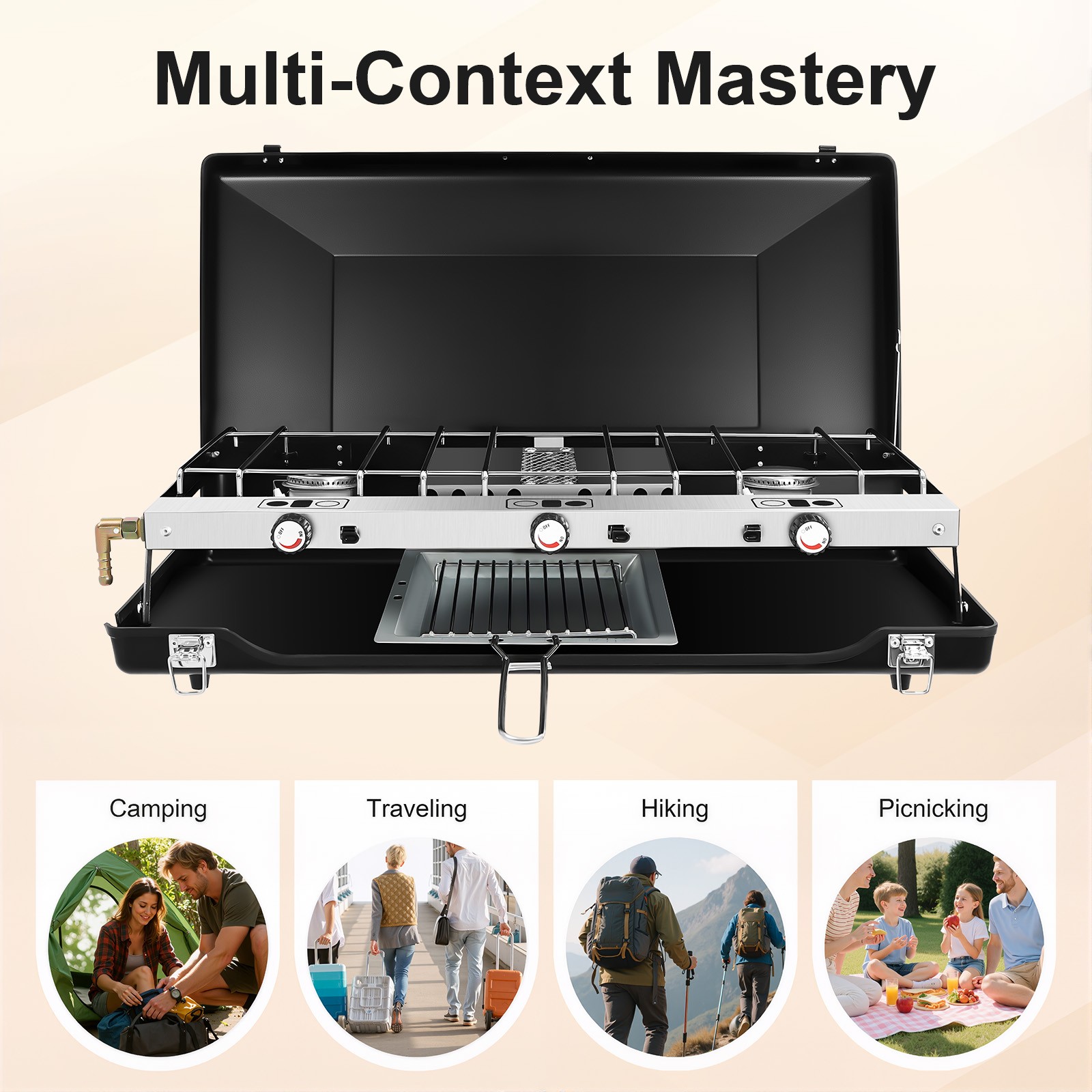 3 Burner Modern Portable Cooking Propane Butane Gas Camping Stove W/ Grid + Tray