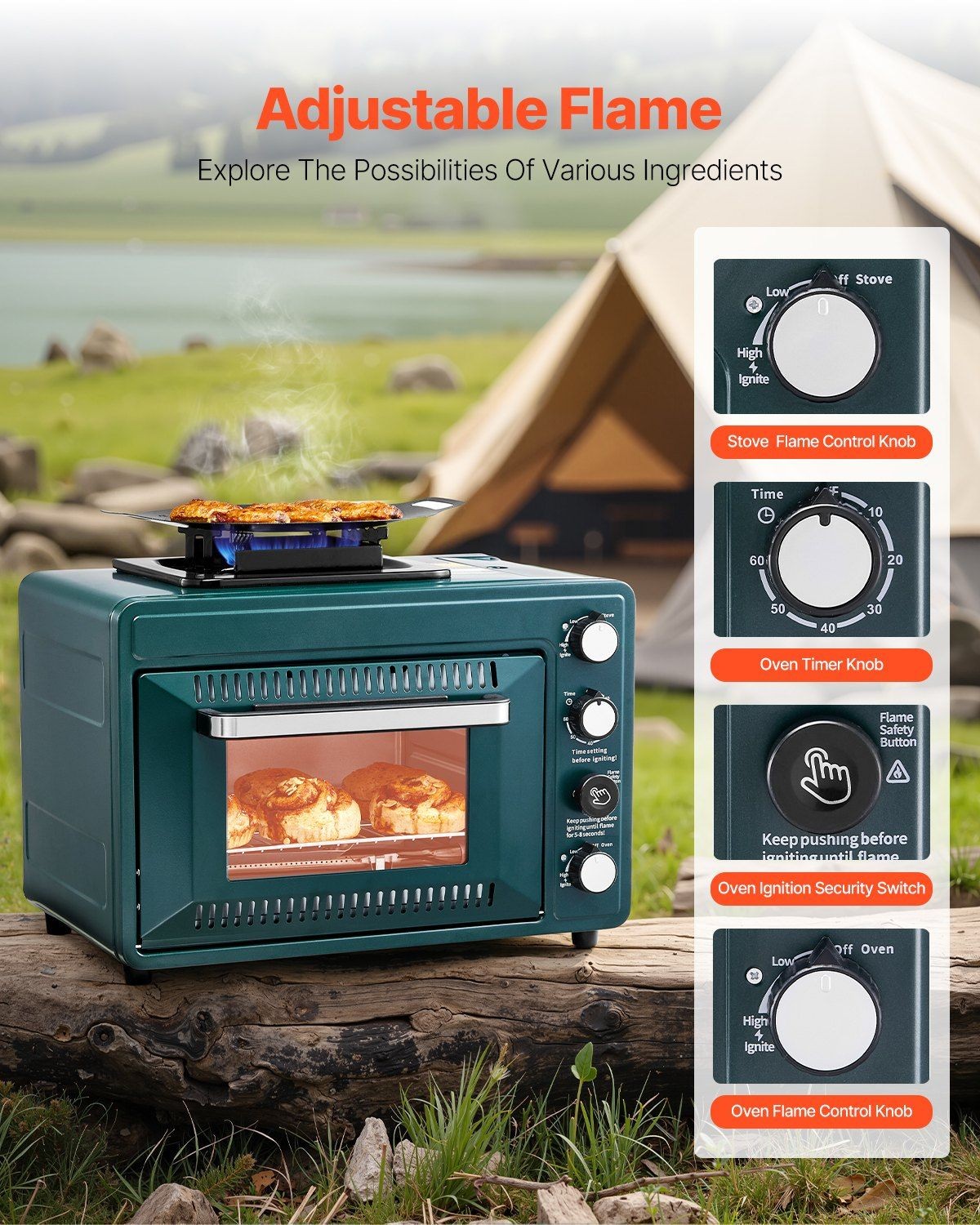 Gas Powered 2-in-1 Portable Oven 19.29×14.17×14.96in High Heat Output Camping