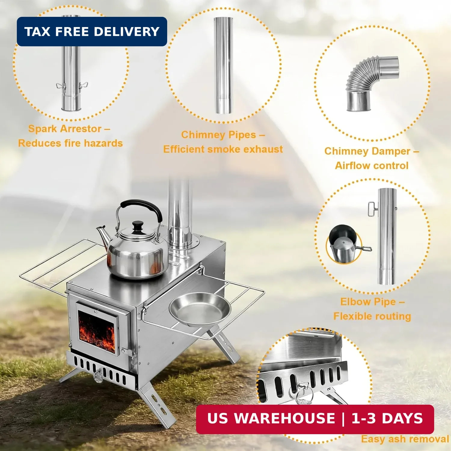 unho Stainless Hot Tent Stove 15in Wood Burning Stove with 6 Chimney Pipes for O