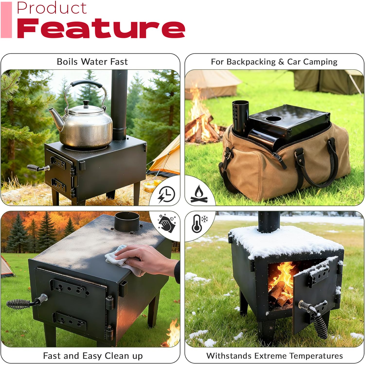 Steel Outdoor Wood Burning Stove for Cooking Hiking with Chimney Pipe Portable