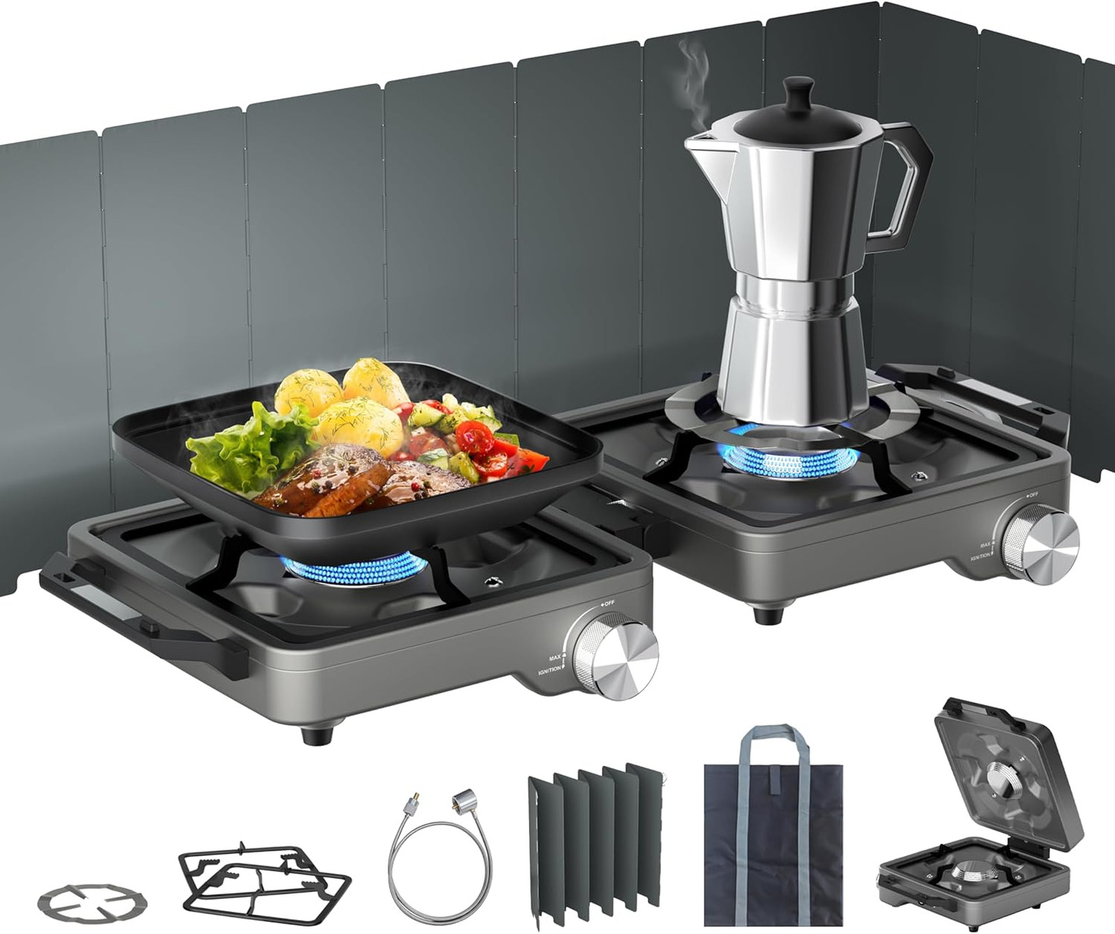 Portable camping stove with 27000 BTUs, dual burners, folding design