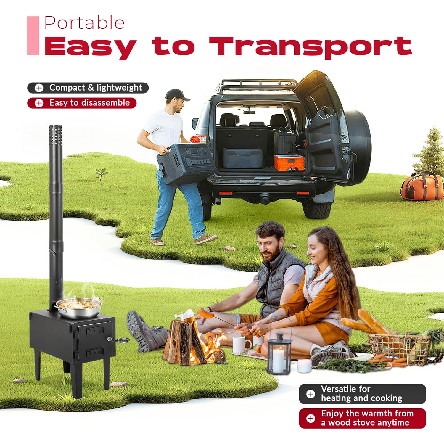 Steel Outdoor Wood Burning Stove for Cooking Hiking with Chimney Pipe Portable