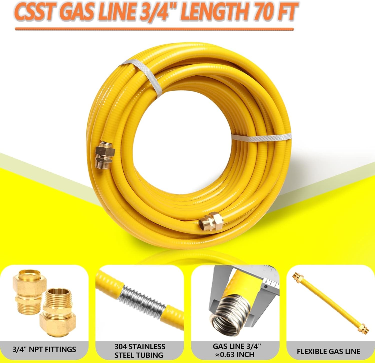 70ft 3/4” Flexible Gas Line, CSST Corrugated 3/4'', Yellow
