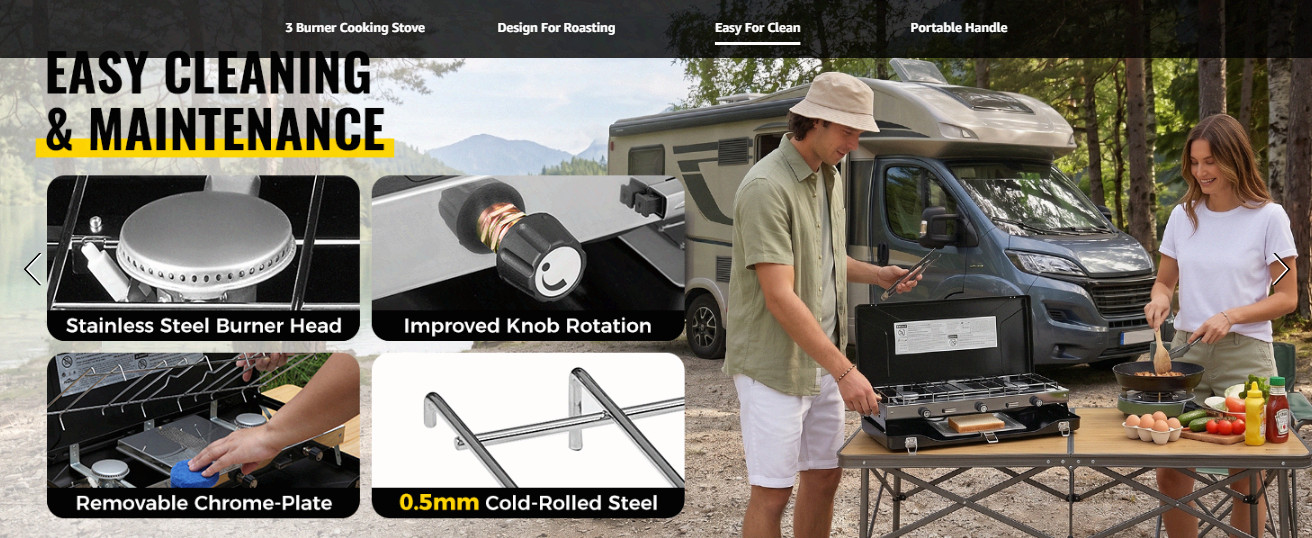 Portable 3-Burner Propane Camping Stove w/ Ignition, 20400 BTU