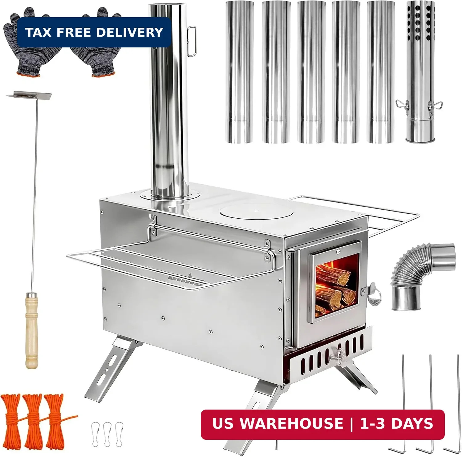 unho Stainless Hot Tent Stove 15in Wood Burning Stove with 6 Chimney Pipes for O