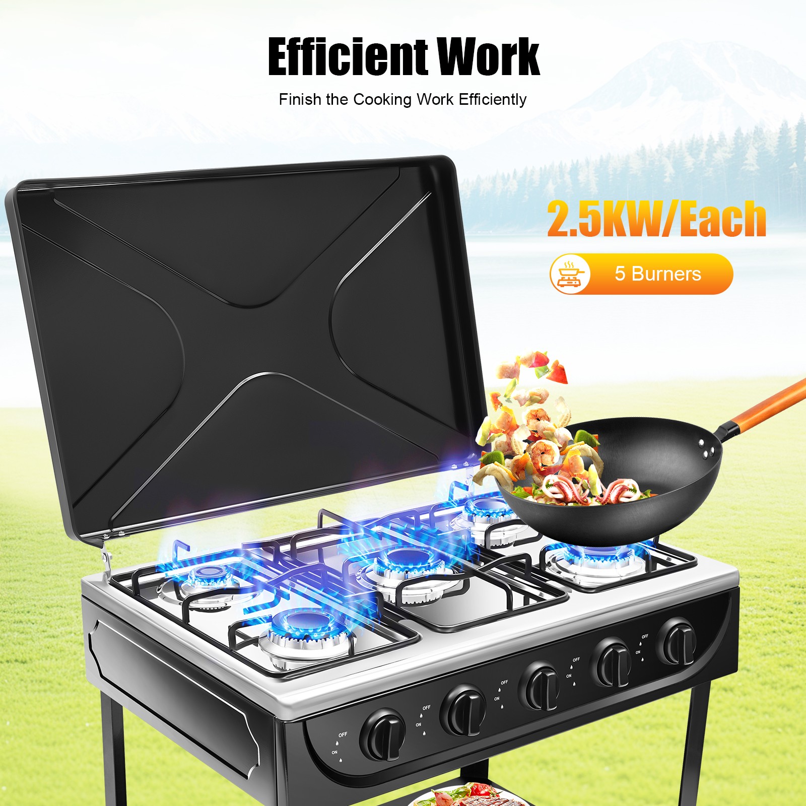 Outdoor Cooking Natural Gas Stove 5-Burners W/ Storage Rack For Camping/Kitchen