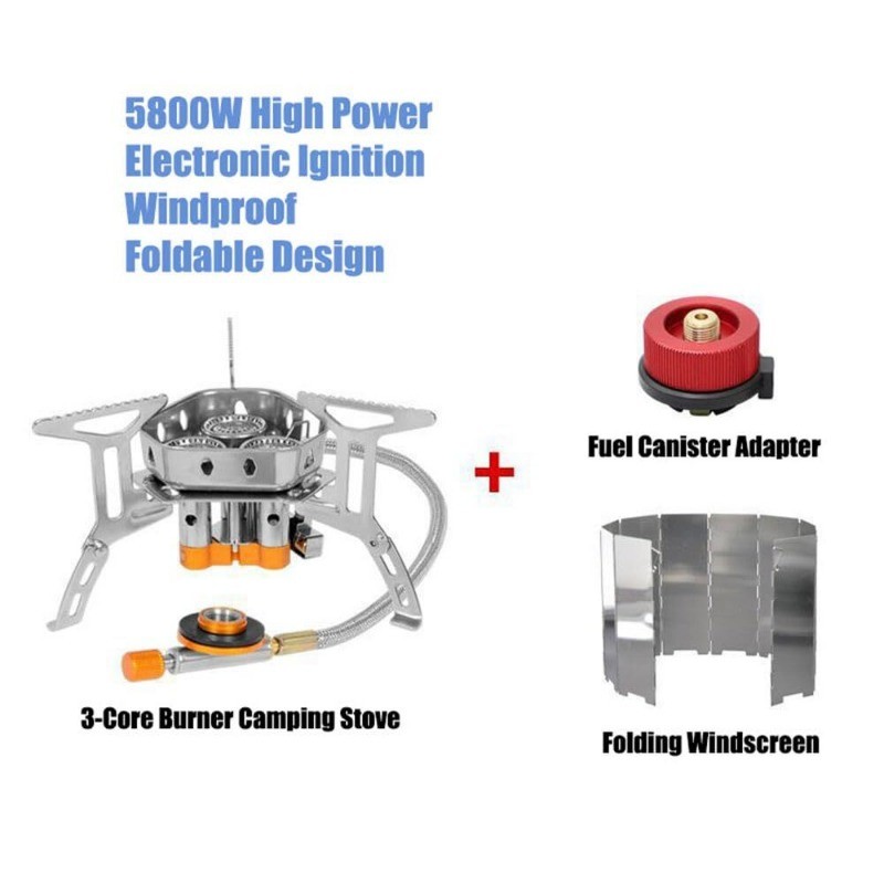 3-Core Burner Camping Stove with Fuel Canister Adapter, Portable Camp Stove Set