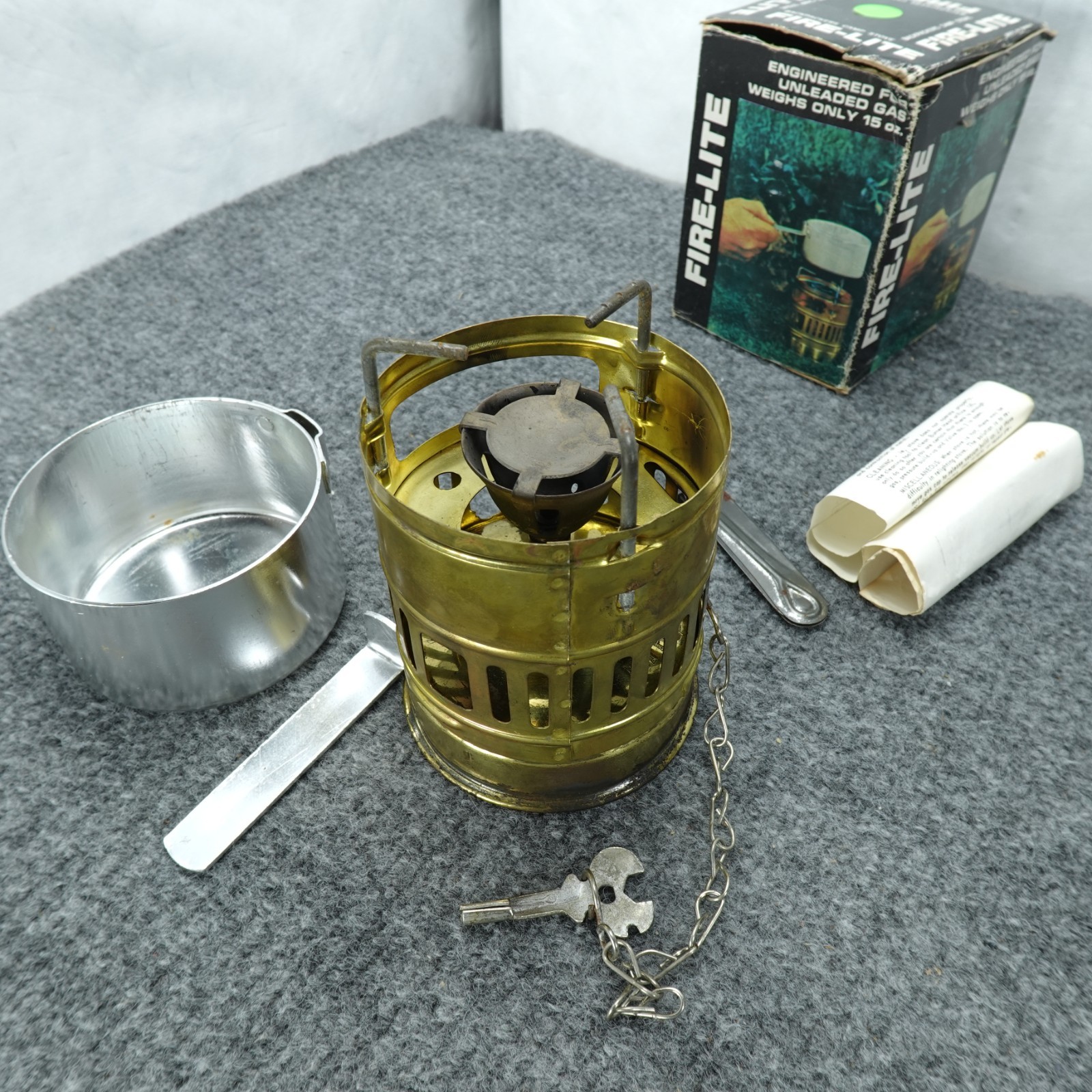 Fire-Lite Brass Backpacker Camp Stove 15oz W/ Box Accessories Vintage