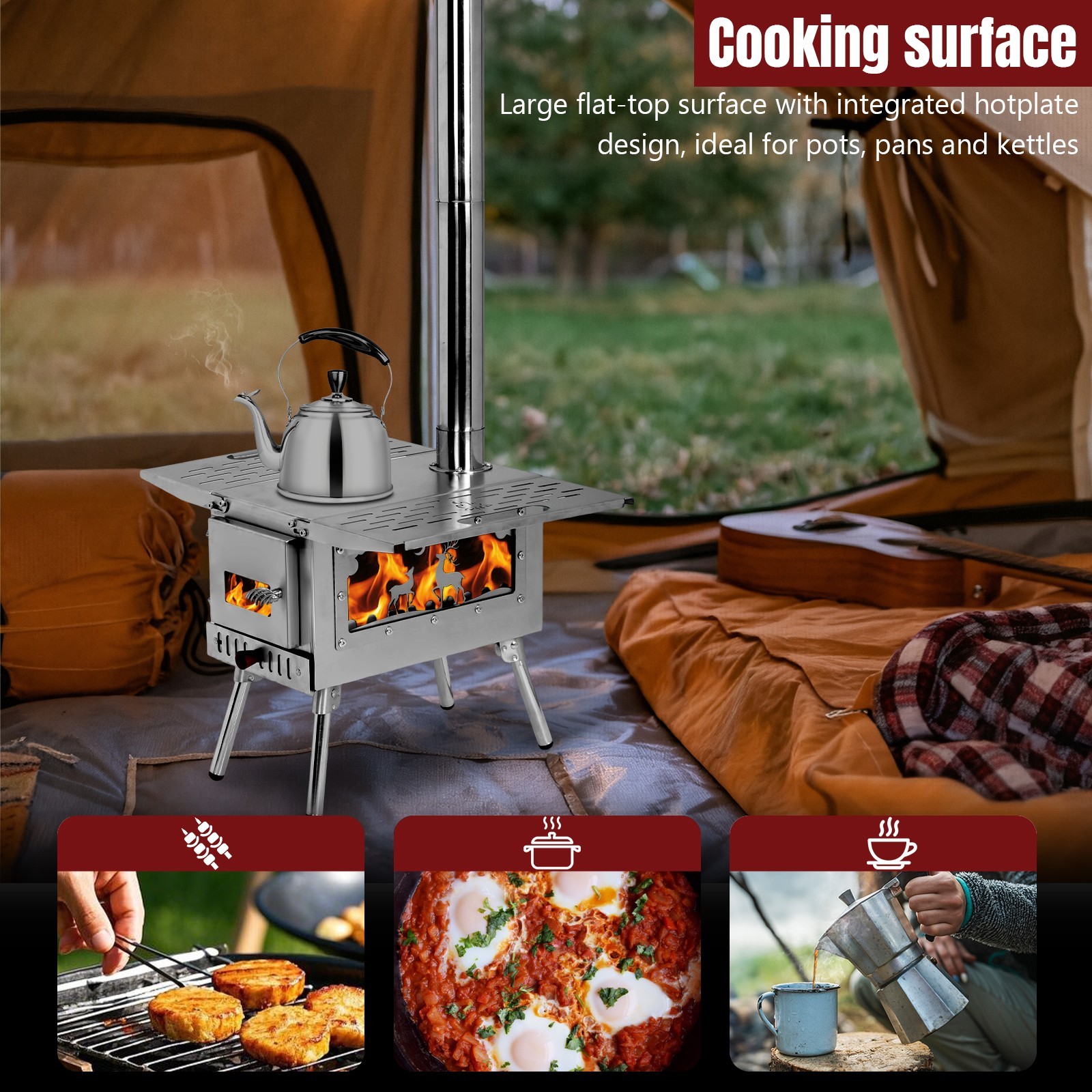 Portable Wood Burning Stove w Pipes Hot Tent Stove for Outdoor Camping & Heating