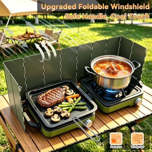 2 Burner Camping Stove with Windshield, 24000 BTU Propane Double Burner Green