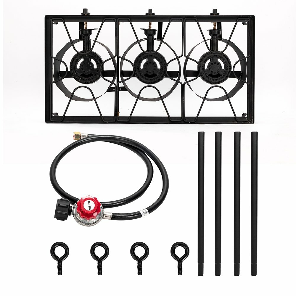 Outdoor Camping Stove 3 Burner Propane Cooker w/ Legs and Regulator 225,000-BTU