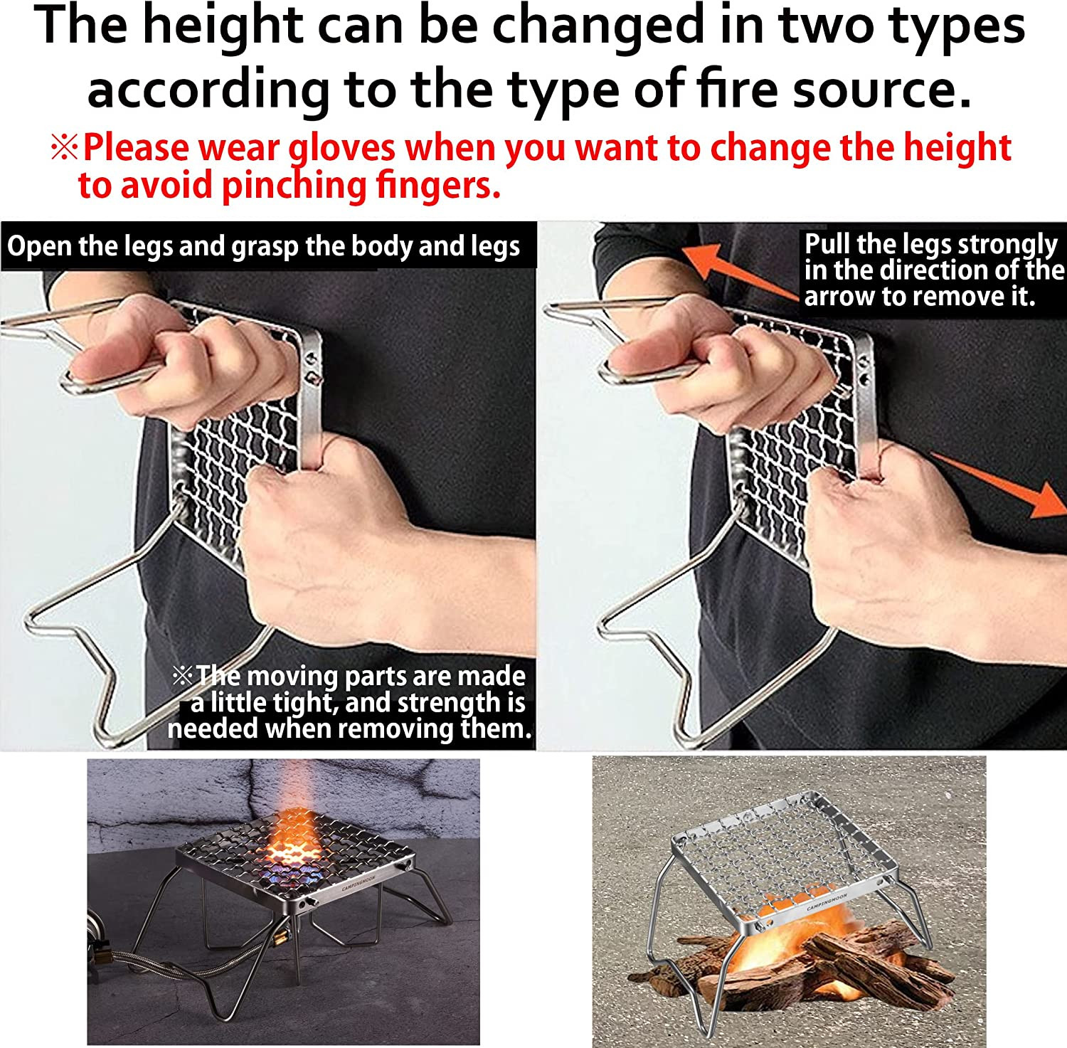 CAMPINGMOON Portable Folding Camping Campfire Grill over Fire Split Stoves 304 S