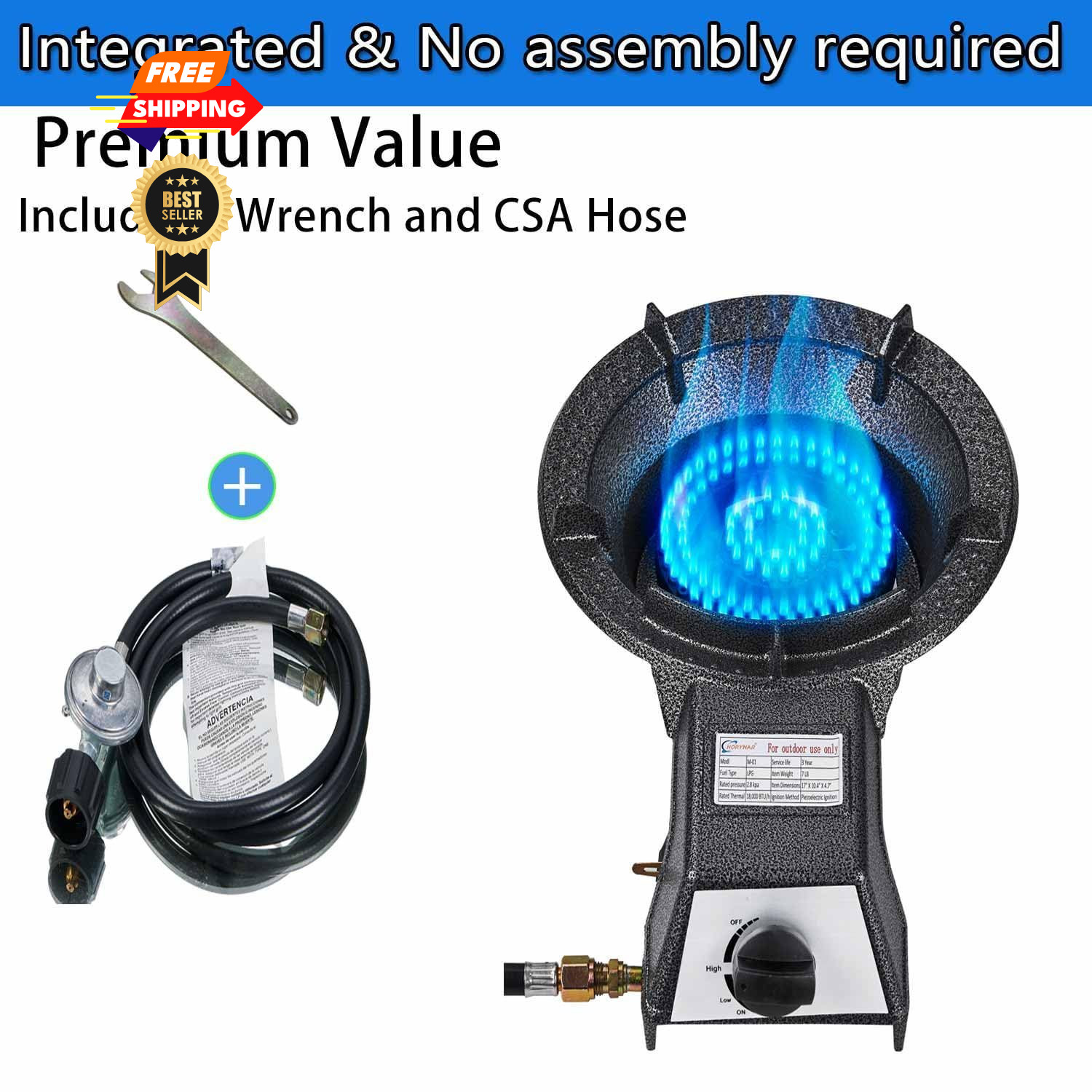 Horynar Automatic Ignition Single Propane Burner Cast Iron 1, Silver