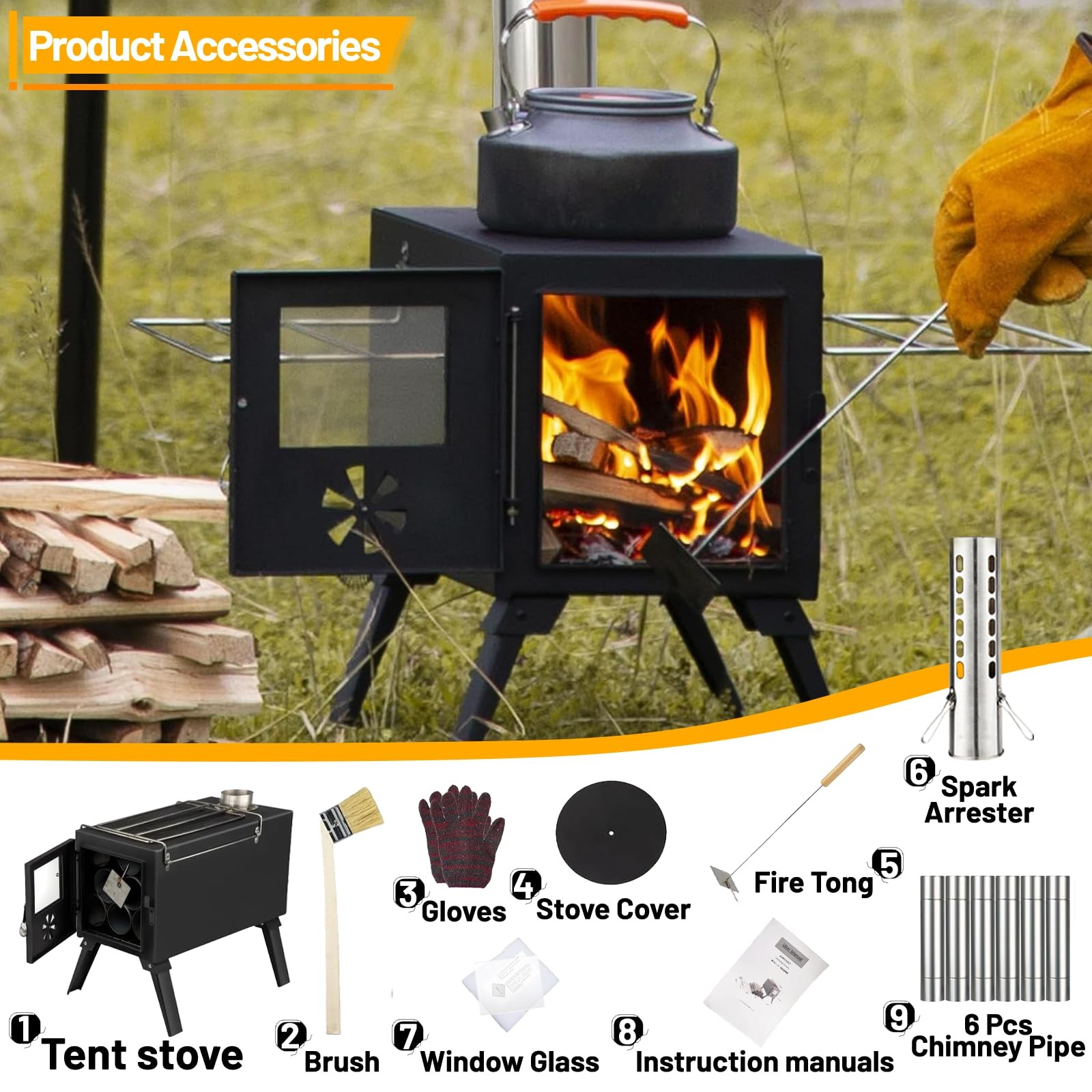 Hot Tent Stove,Wood Burning Stove,Small Wood Stove with 7 Stainless Chimney P…