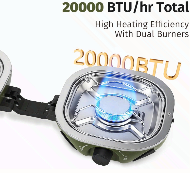 Portable 2 Burner Propane Camping Stove 20,000 BTU w/ Bag Green