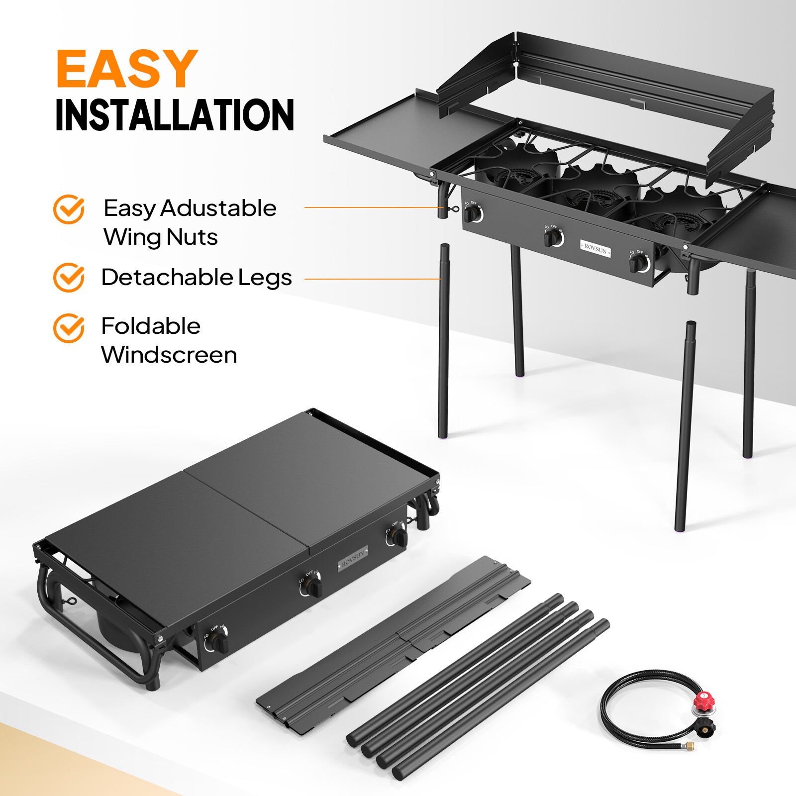 3 Burner Outdoor Propane Stove 225,000BTU Camping Gas Cooker Windscreen & Shelf