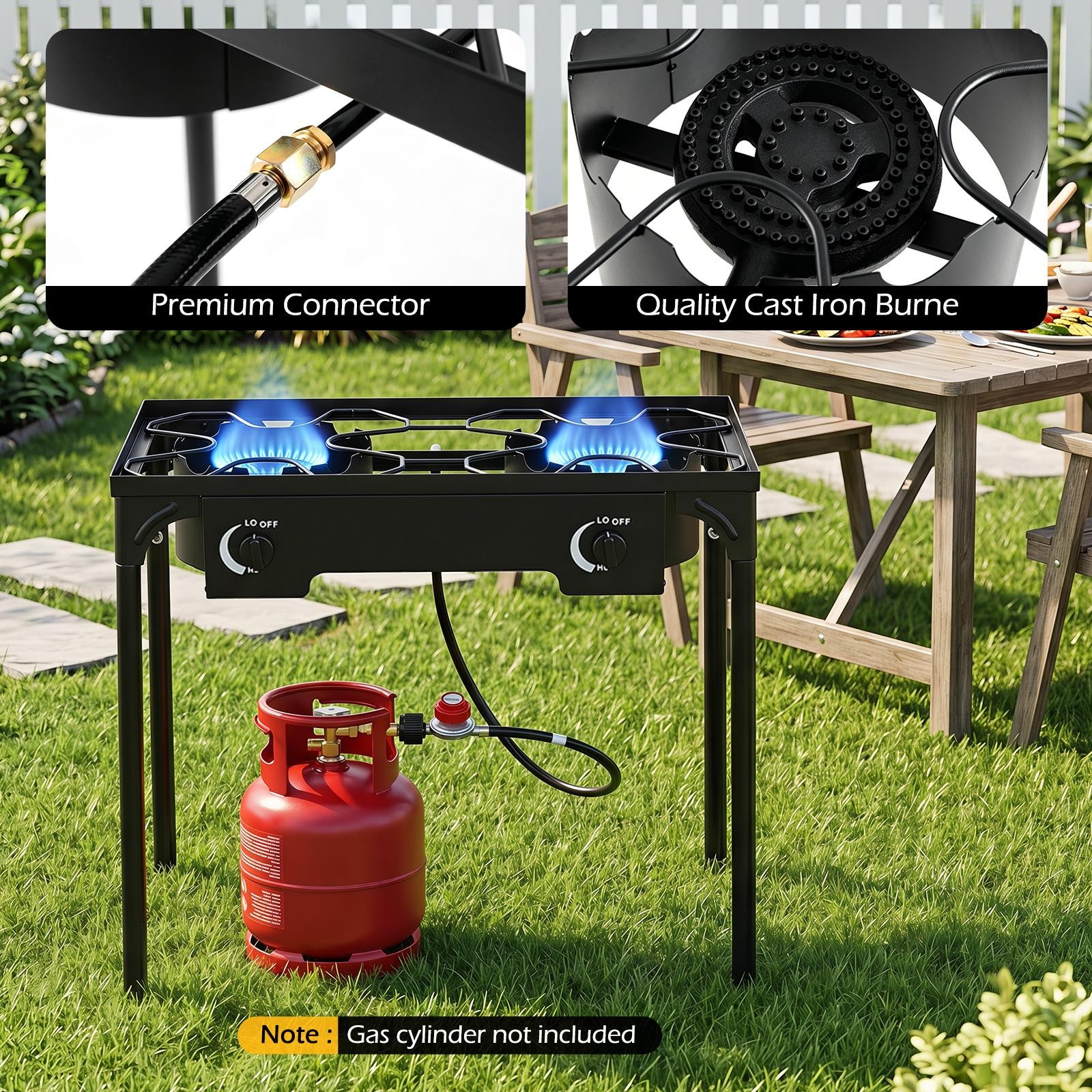 2 Burner Outdoor Propane Gas Stove w/Adjustable Regulator & Hose 160000 BTU