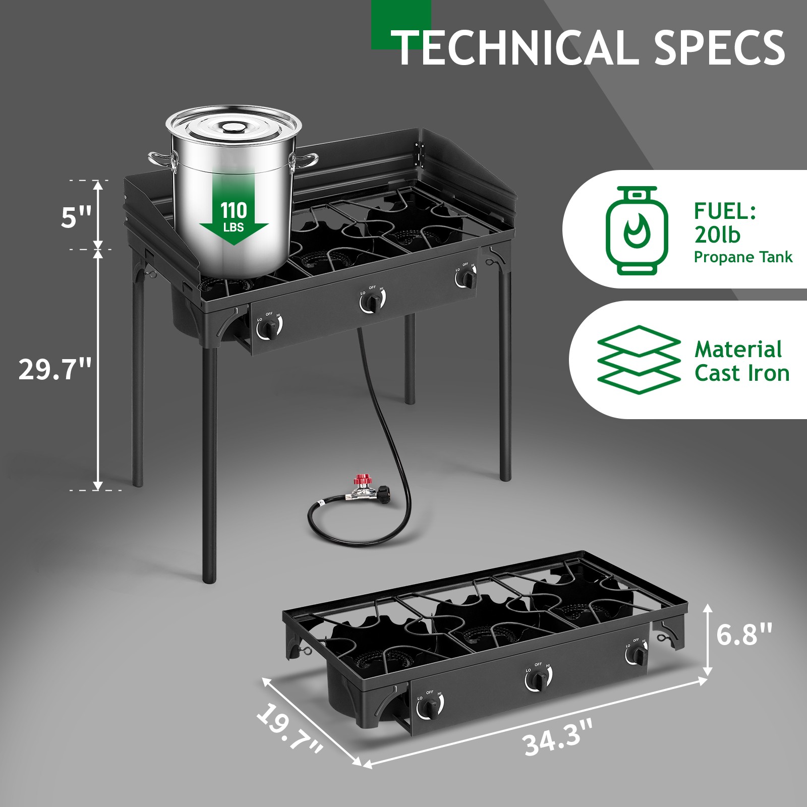 225000 BTU Powerful Three Outdoor Camping Gas Propane Stove with Removable Legs