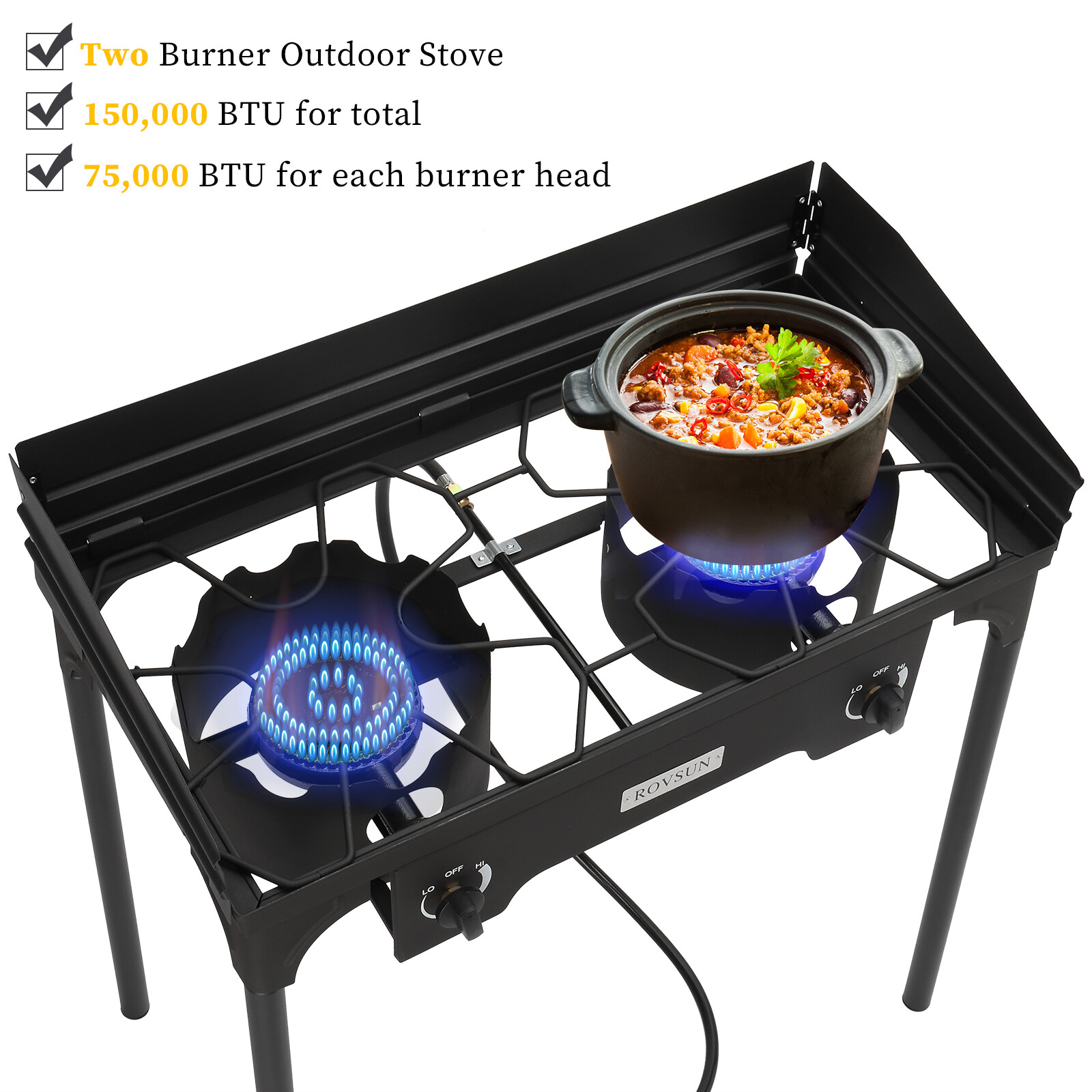 2 Burner 150,000 BTU Outdoor Camping Stove with Windscreen, Propane Gas Cooker