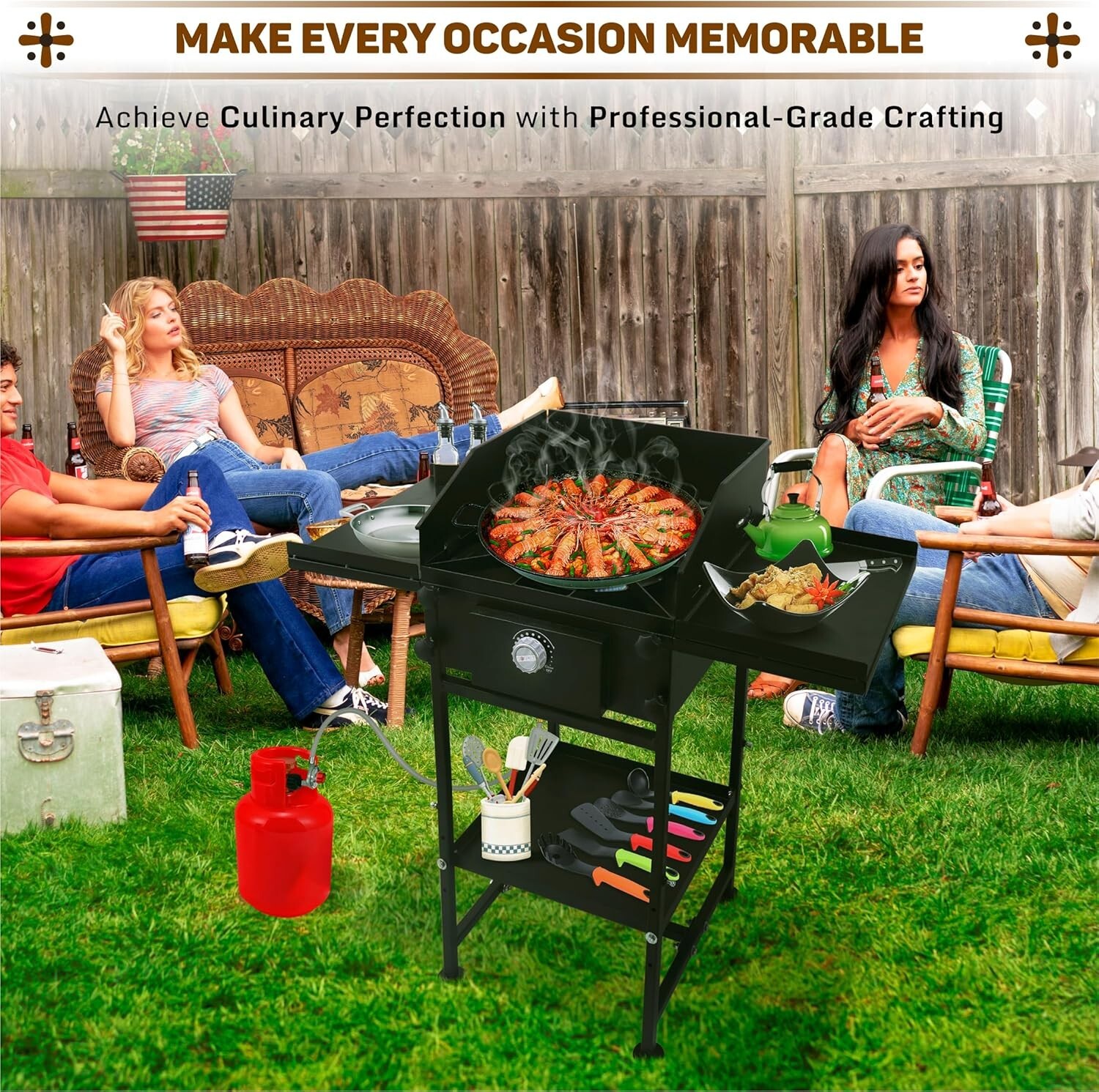 Single Burner Propane Stove – with Dual Side & Bottom Shelf and Wind Panel