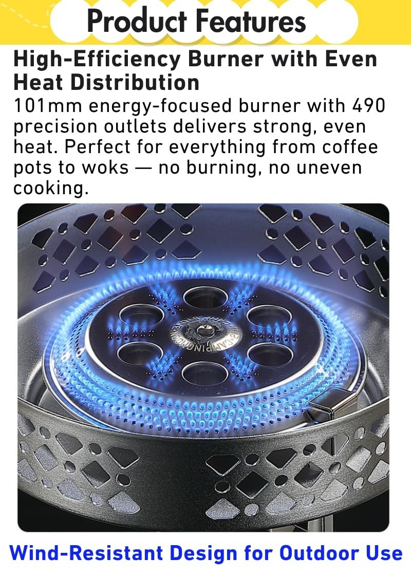 Portable Propane Camping Stove – High Output Single Burner, Piezo Ignition, Wind