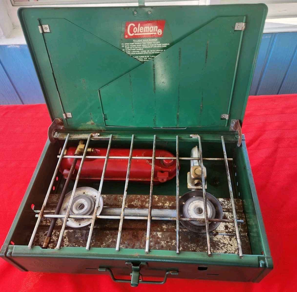 1950 – 1970s Coleman 425E Two Burner Camp Stove with Fuel Tank & Used Untested