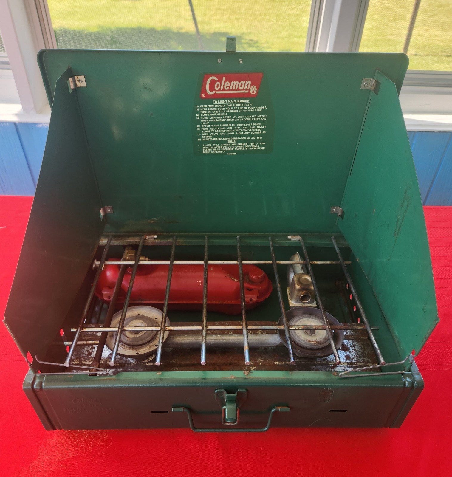 1950 – 1970s Coleman 425E Two Burner Camp Stove with Fuel Tank & Used Untested