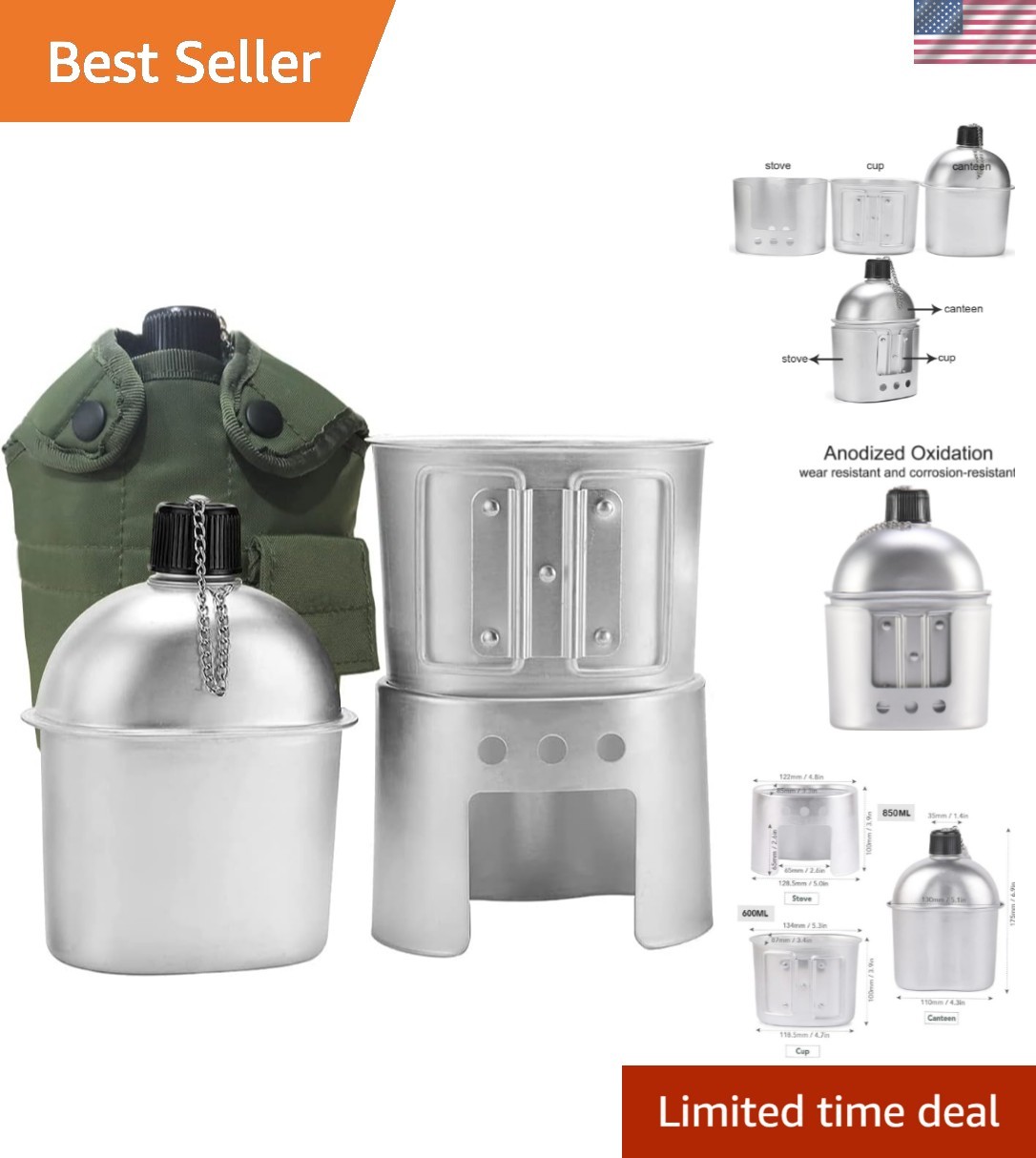 Military Aluminum Canteen with Cup & Stove Set – Perfect for Outdoor Adventures