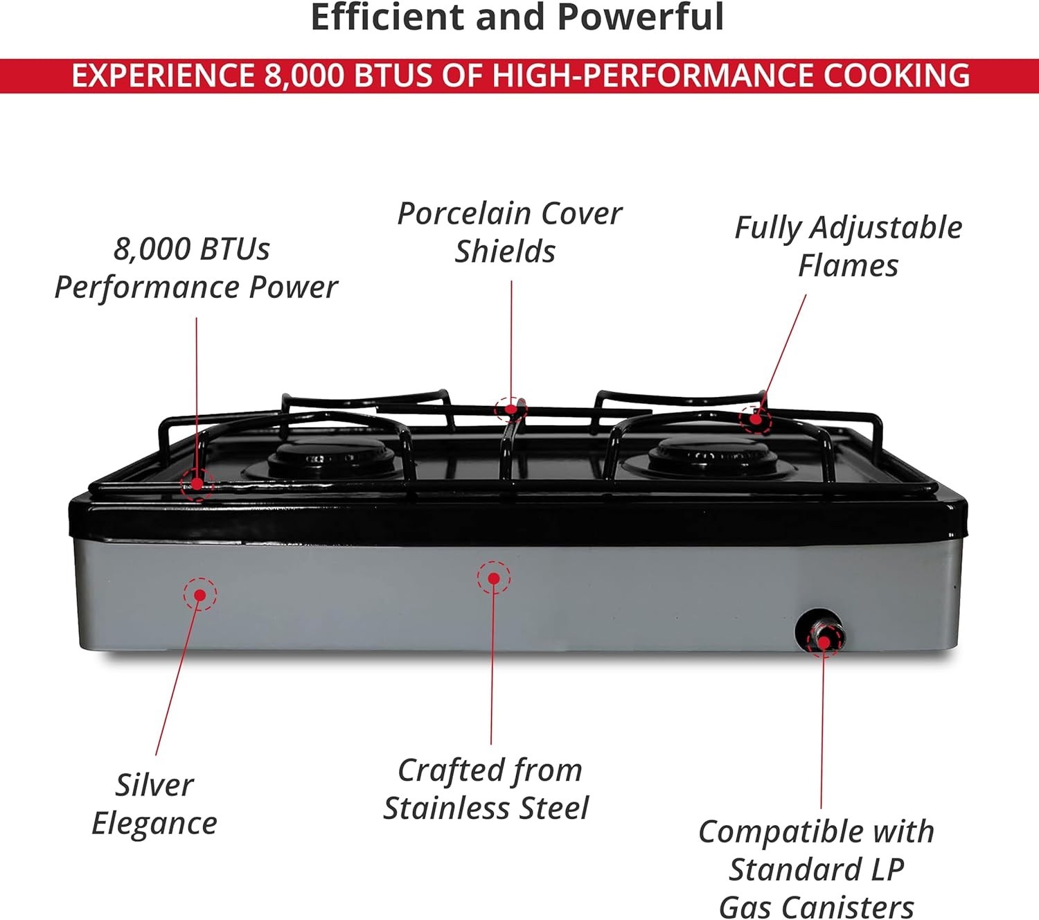 Silver 2-Burner Gas Cooking Stove with Adjustable Flame and Lightweight Design