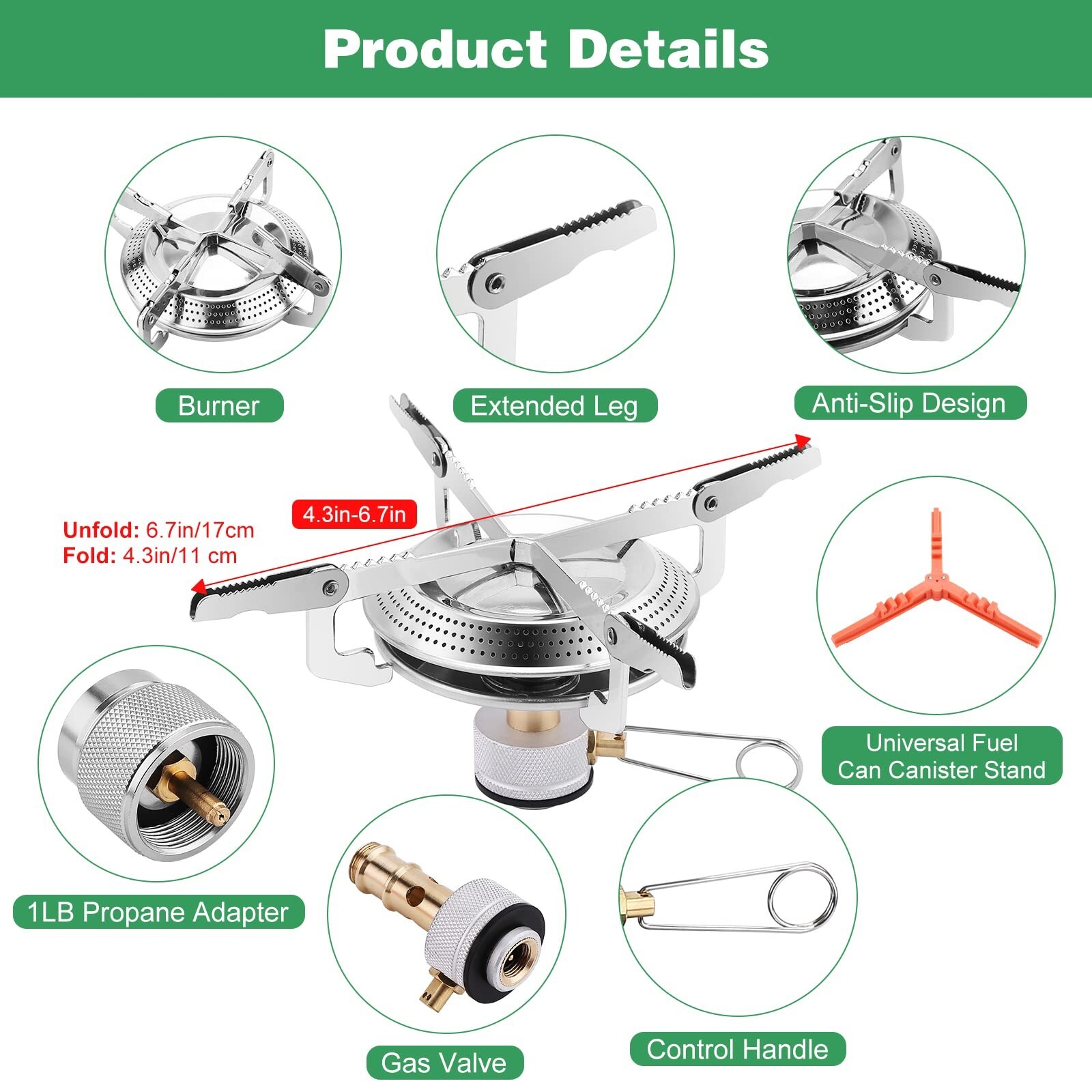 Camping Stove Burner with 1LB Propane Tank Adapter, Fuel Can Canister Stand, Bag