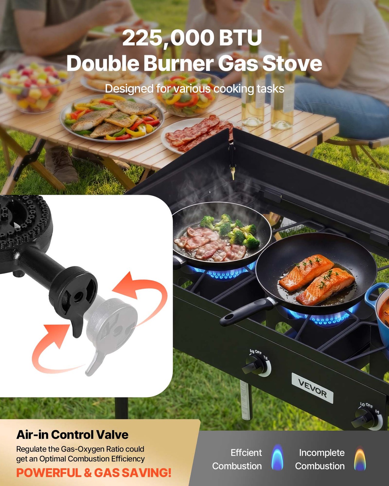 VEVOR 3 Burner Propane Gas Stove 225000 BTU Outdoor Camping Cooker with Shield