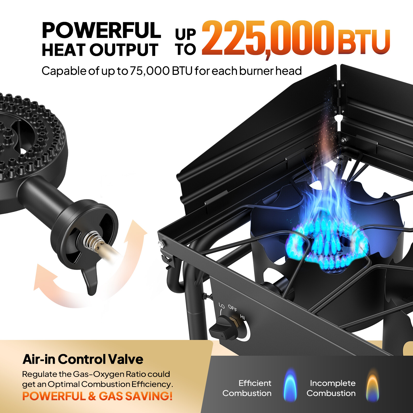 3 Burner Outdoor Propane Stove 225,000BTU Camping Gas Cooker Windscreen & Shelf