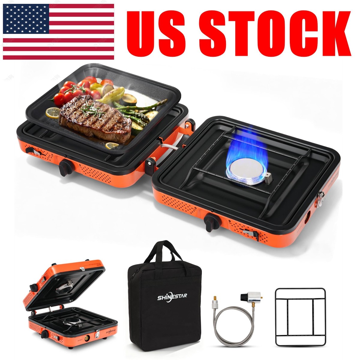 Foldable 2 Burner Propane Stove & Gas Grill Camping Cooker W/ Case & Hose