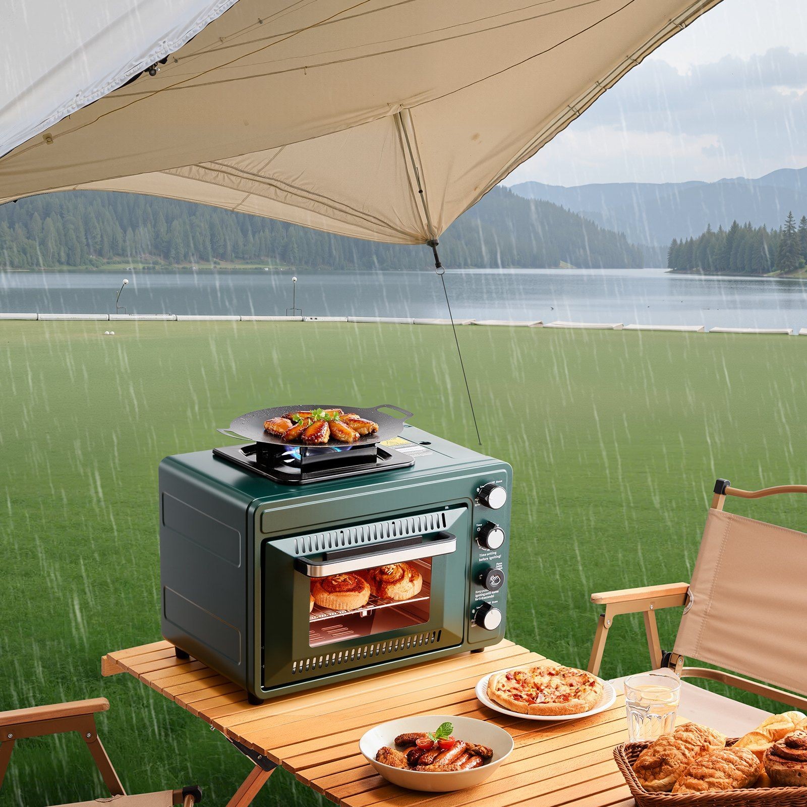 Gas Powered 2-in-1 Portable Oven 19.29×14.17×14.96in High Heat Output Camping