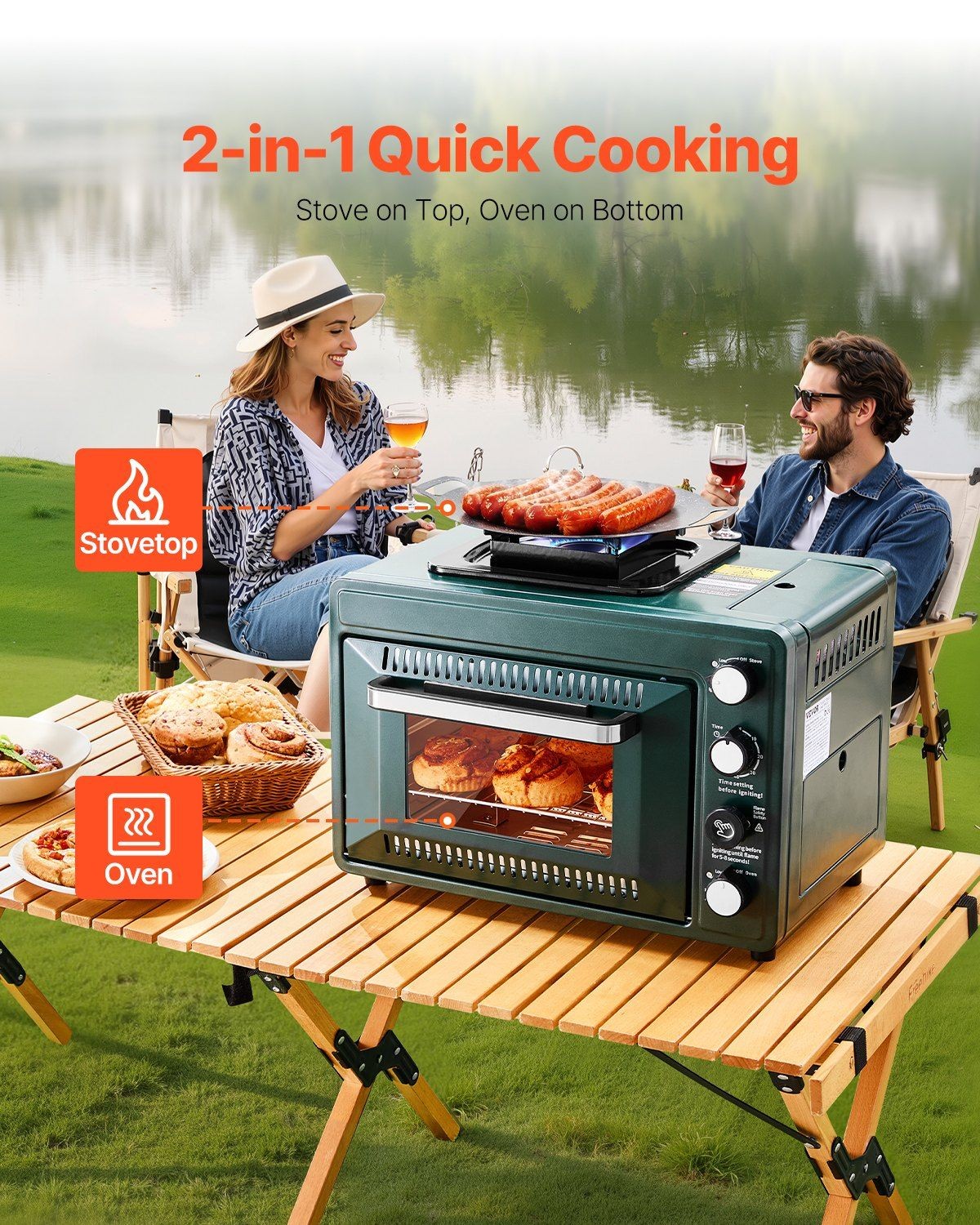 Gas Powered 2-in-1 Portable Oven 19.29×14.17×14.96in High Heat Output Camping