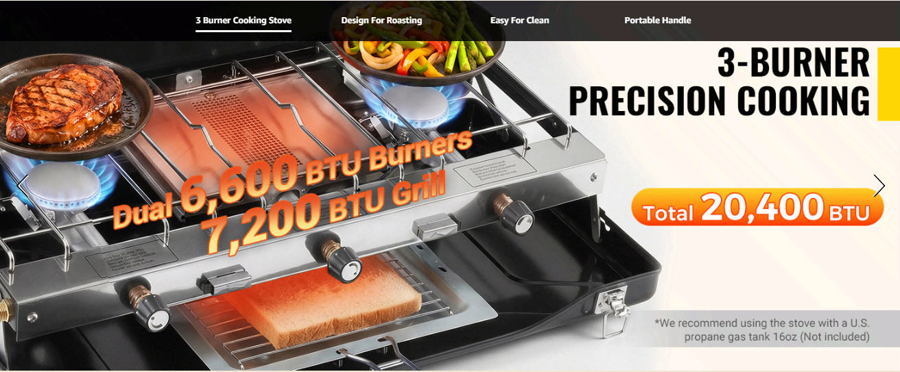 Portable 3-Burner Propane Camping Stove w/ Ignition, 20400 BTU