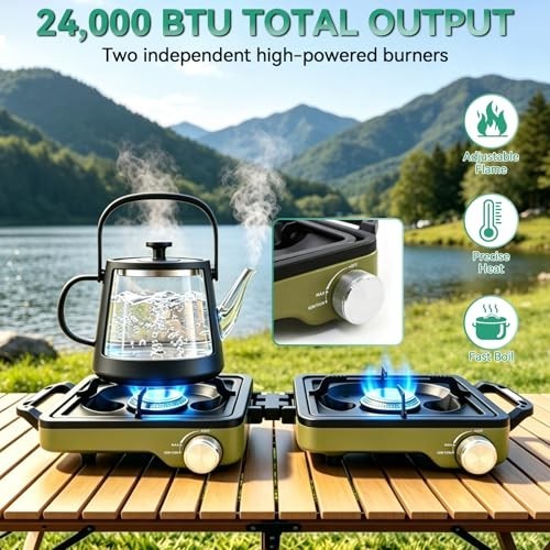 2 Burner Portable Propane Camp Stove with Windshield and Carry Bag