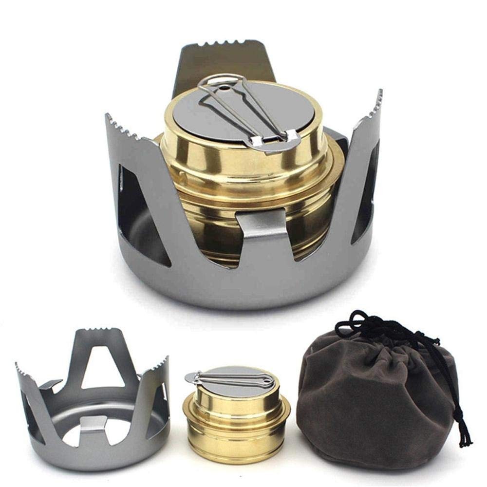 Mini Alcohol Camping Stove Lightweight Brass & Aluminum Burner with Stand Outdoo