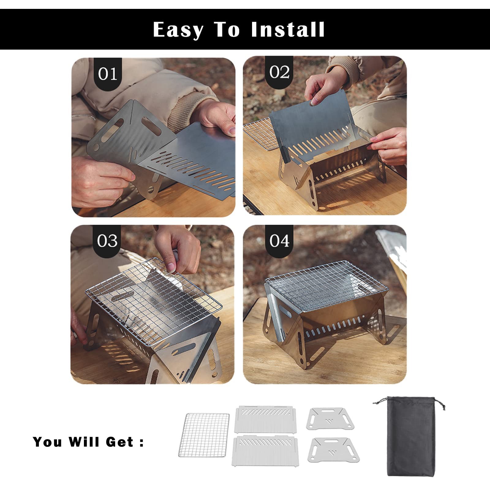 Portable Backpacking Stove Grill Grid Folding Stainless Steel Charcoal BBQ