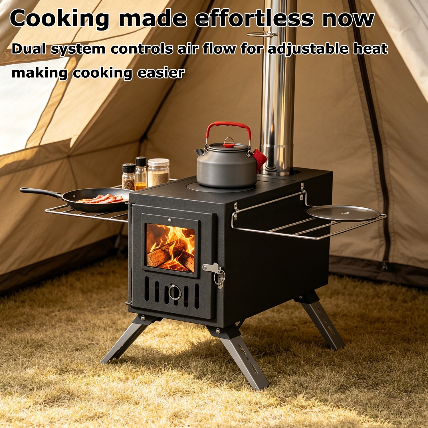 Tent Wood Burning Stove Portable Camping Stove w/ Dual Adjustable Damper System