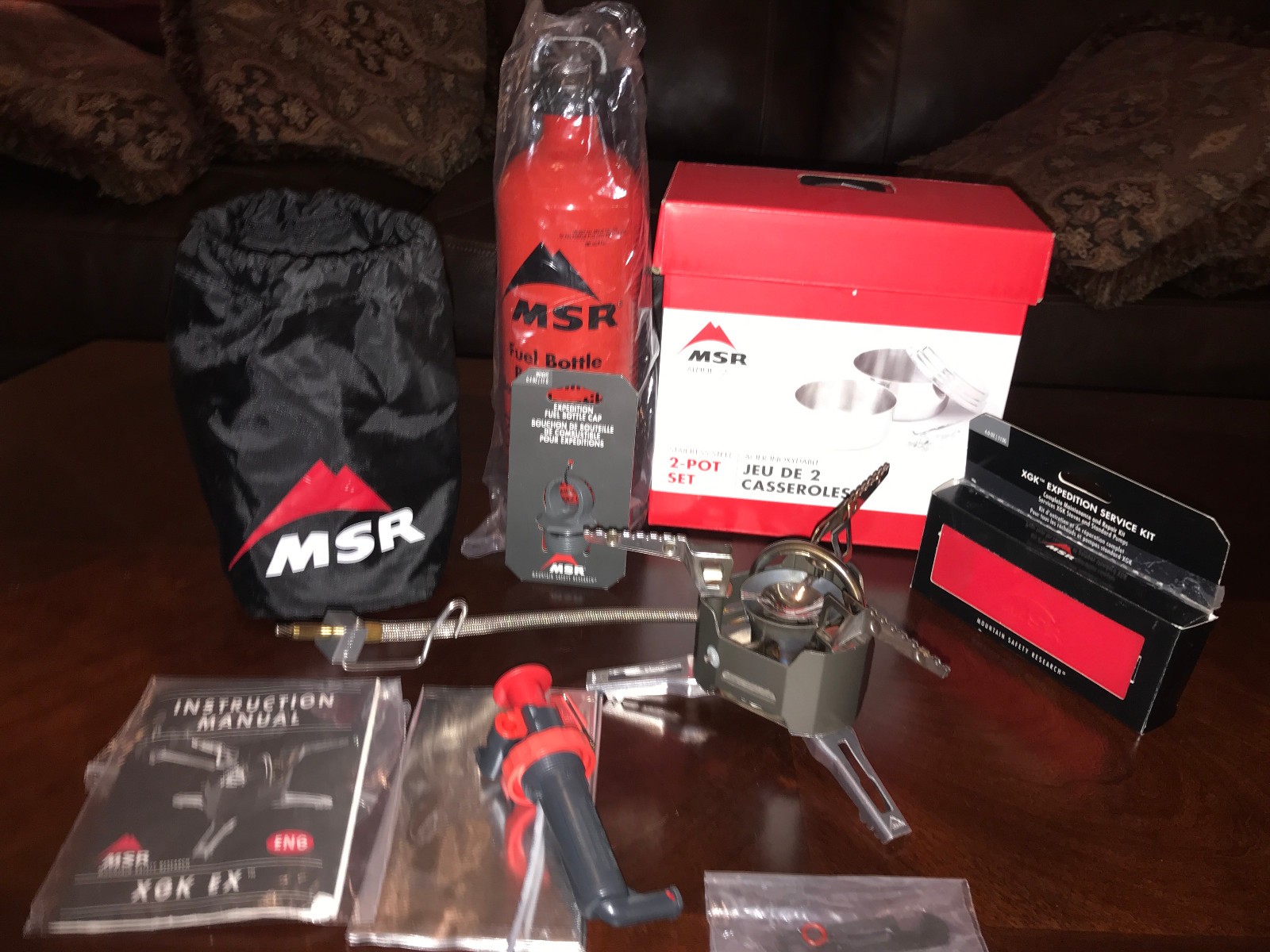 Preowned MSR XGK EX Stove w/ NEW 30 oz Fuel Bottle, MSR Alpine Pot Set, Etc.