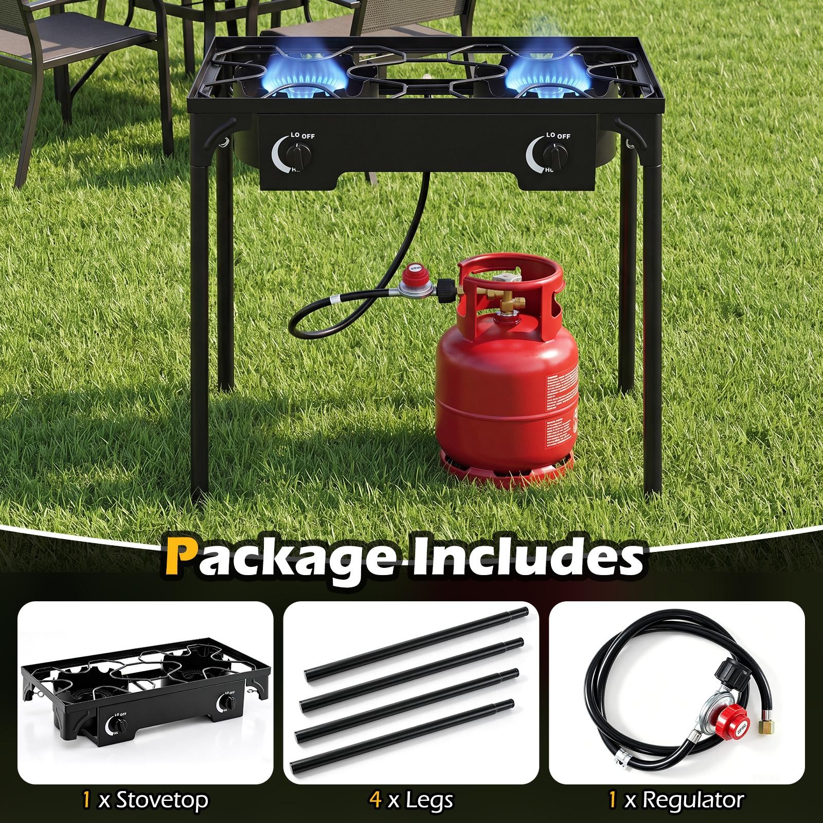 2 Burner Outdoor Propane Gas Stove w/Adjustable Regulator & Hose 160000 BTU